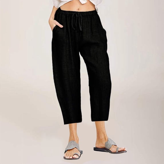 JIA JIA SHUANG Summer Casual Capri Pants for Women Drawstring Elastic Waist Trousers with Pockets Lightweight Straight Leg Pants