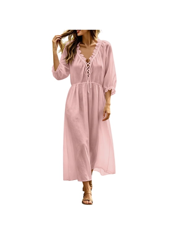 Women Flowy Dress 3/4 Sleeve Ruffle Neck Front Cut out Long Dress Lightweight Breathable Beach Dress(Pink,XX-Large)