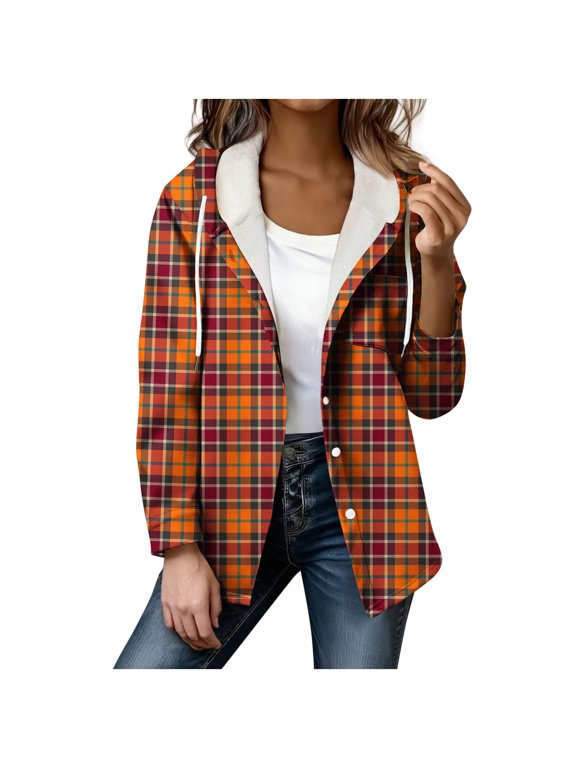 Women Plaid Shirts Jacket Lightweight Fleece Lined Hooded Shacket Long Sleeve Button down Warm Coat for Fall Winter(Orange,Large)