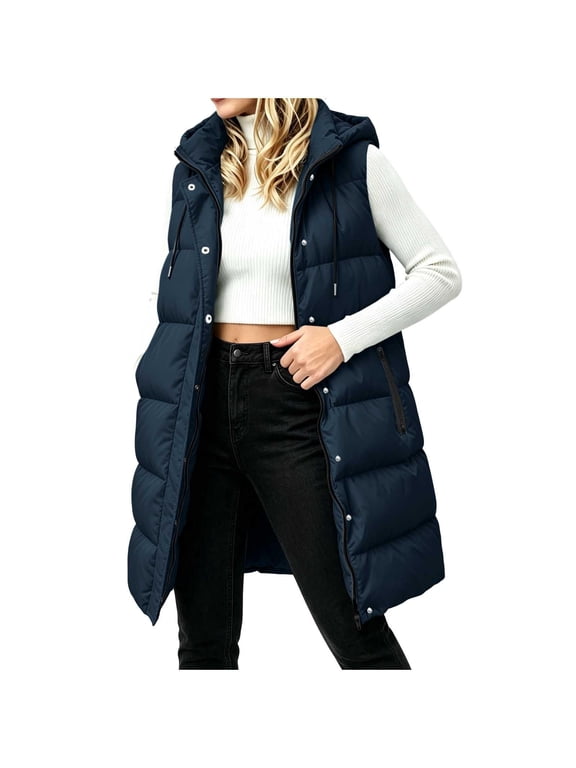 Women Puffer Jackets Solid Color Lightweight Soft down Coat Full Zip Thermal Hooded Overcoat with Pockets(Navy,Small)