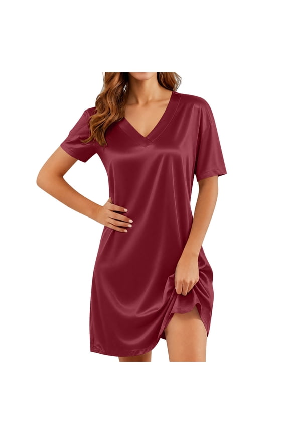 Women Satin Dress Lightweight Short Sleeve Mini Sleepwear Dress Casual Soft Breathable Dress for Everyday(Red,XX-Large)