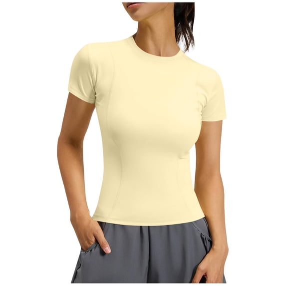 JIA JIA SHUANG Women Yoga Workout Short Sleeve Tees High Neck Slim Fit Stretchy Running T Shirt Summer Trendy Athletic Tops for Gym