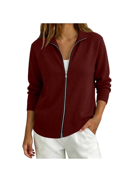 Women Zip up Jackets Long Sleeve Casual Loose Fit Outerwear Lightweight Mock Neck Coat for Airport(Wine,Small)