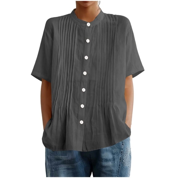 JIA JIA SHUANG Women's Cotton Linen Tops Short Sleeve Pleated Button Down Shirts Thin Breathable Summer Clothes Comfy Beach Travel Outfits