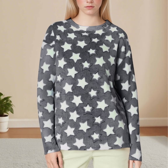 JIA JIA SHUANG Women's Pajama Tops Long Sleeve Crew Neck Fuzzy Fleece Sleepwear Winter Warm Print Sleeping Pullover