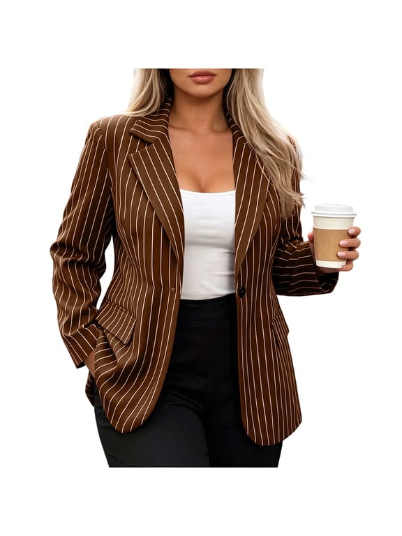 Women's Suit Jackets Fashion Striped Loose Fit Blazers Long Sleeve Padded Shoulders Buttoned Lapel Work Coat(Brown,Medium)