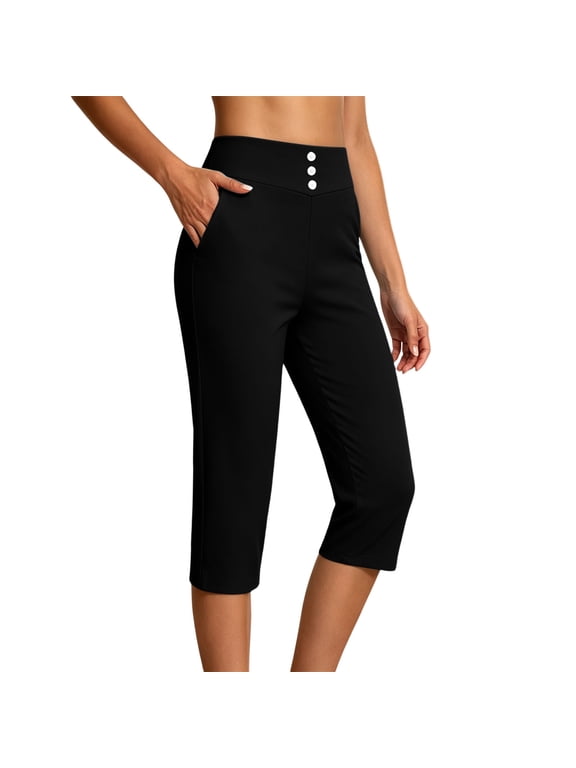 Women's Yoga Capri Pants Straight Leg High Waist Cropped Trousers Workout Travel Pants with Ornamental Buttons(Black,Large)