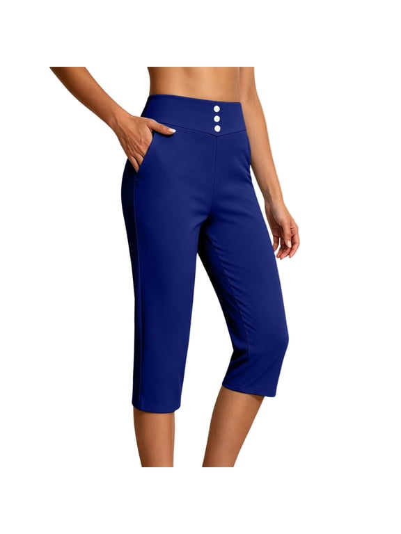 Women's Yoga Capri Pants Straight Leg High Waist Cropped Trousers Workout Travel Pants with Ornamental Buttons(Blue,X-Large)