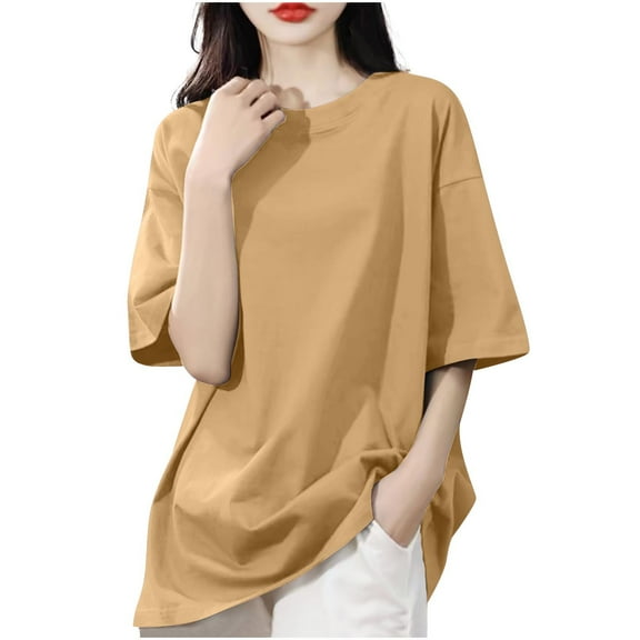 JIA JIA SHUANG Womens Cotton Tops Lightweight Solid Color Round Neck Tee Loose Fit Comfy Short Sleeve T Shirts Casual Summer Outfits