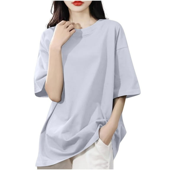 JIA JIA SHUANG Womens Cotton Tops Lightweight Solid Color Round Neck Tee Loose Fit Comfy Short Sleeve T Shirts Casual Summer Outfits