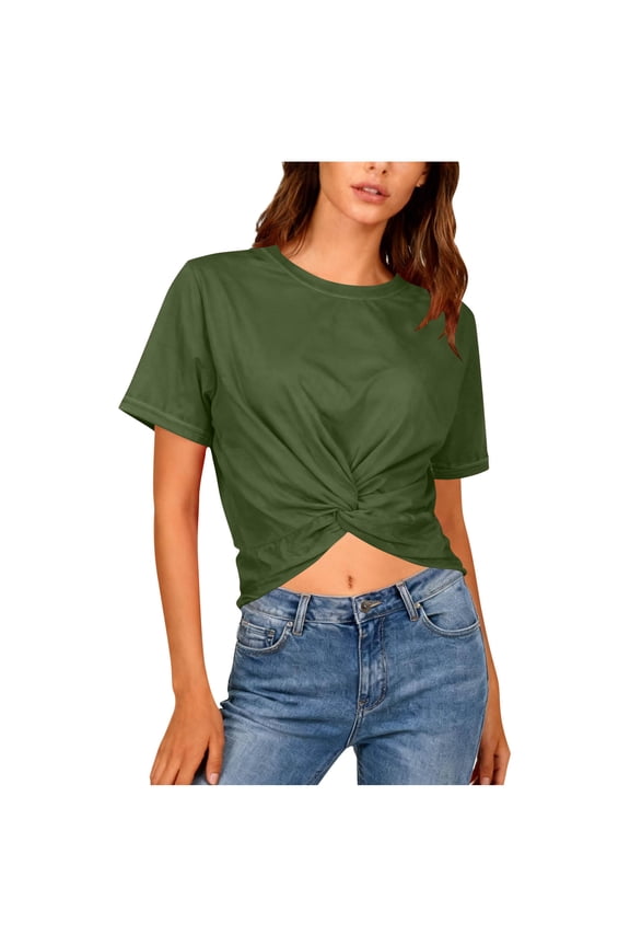 Womens Summer Tops Lightweight Short Sleeve Twist Knotted T Shirts Comfy Crew Neck Crop Blouses Casual Clothes