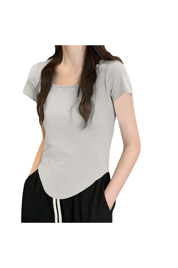 Womens Tops Lightweight Short Sleeve Square Neck Asymmetrical Hem Tee Comfy Lounge Summer T-Shirts Trendy Clothes
