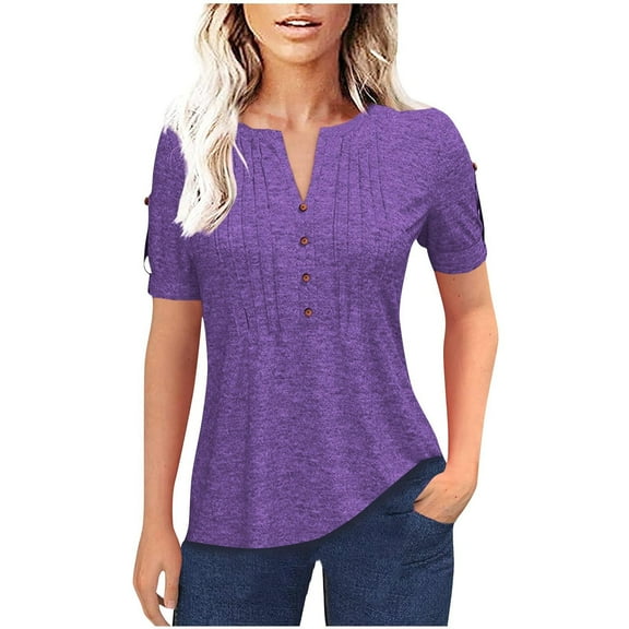 JIA JIA SHUANG Womens Tops Pleated Front Short Sleeve T-Shirts Button V Neck Comfortable Tee Clothes Summer Lounge Outfits