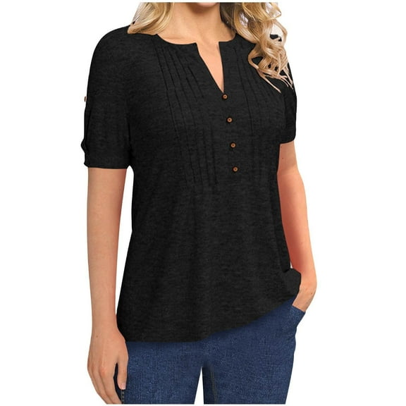 JIA JIA SHUANG Womens Tops Pleated Front Short Sleeve T-Shirts Button V Neck Comfortable Tee Clothes Summer Lounge Outfits