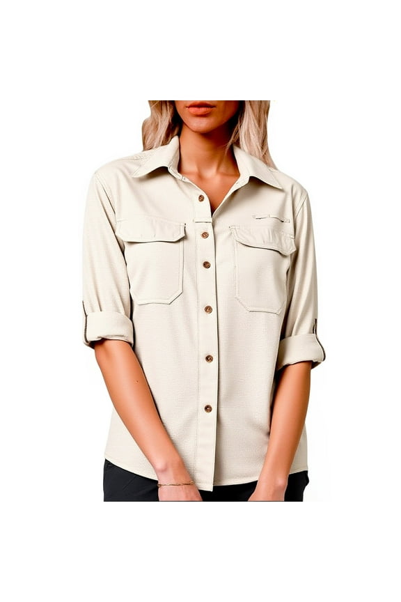 Button Down Shirts for Women Sun Protection Long Rolled Sleeve Tops Outdoor Fishing Hiking Lapel T-Shirts with Pockets