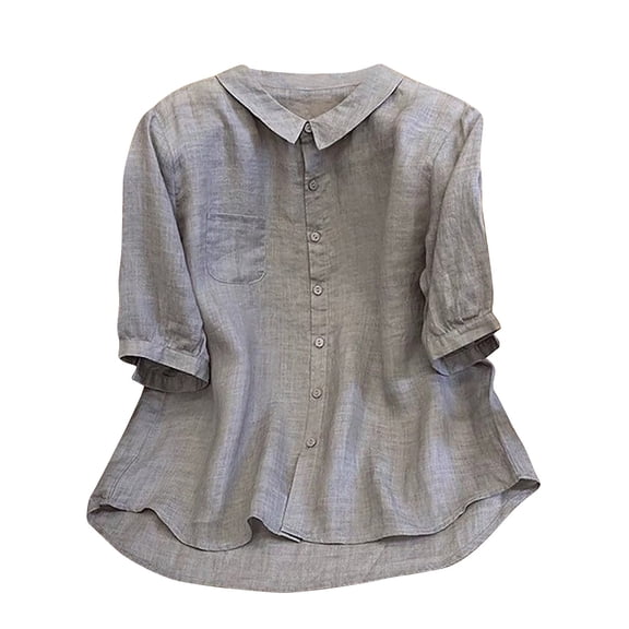 JIA JIA SHUANG Cotton Linen Tops for Women Lightweight Short Sleeve Button Down Shirts Thin Comfort T Shirts for Summer Beach