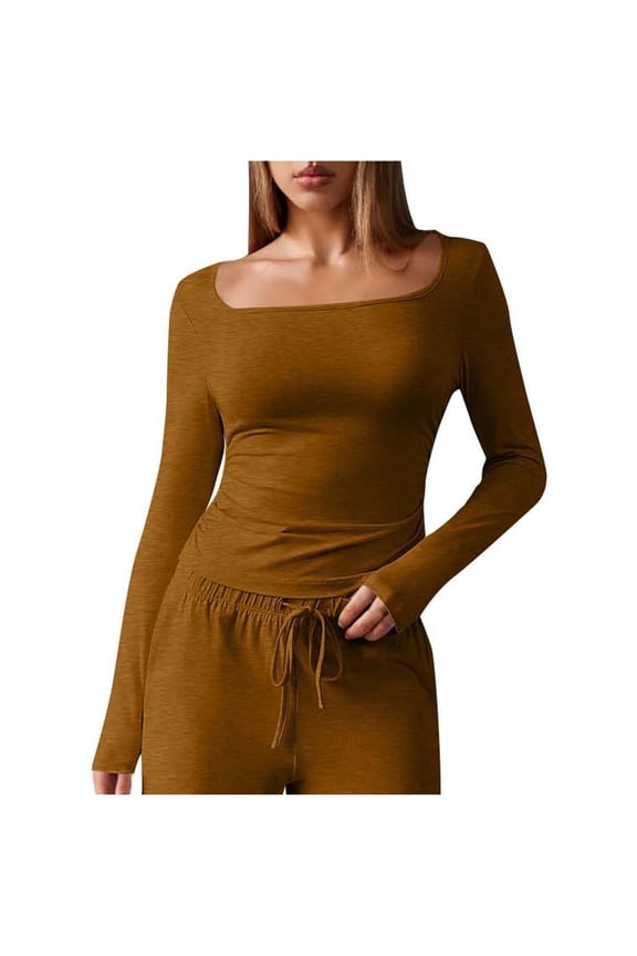 Long Sleeve Shirts for Women Lightweight Square Neck Slim Fit Tops Comfy Casual T-Shirts Classic Basic Clothes