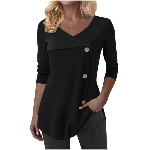 JIA JIA SHUANG Long Sleeve Shirts for Women V Neck Button Tunic Tops Casual Comfortable Tee Classic T-Shirts Fall Fashion Clothes