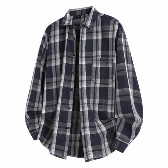 JIA JIA SHUANG Shirts for Men Casual Plaid Long Sleeve Lapel Shirts Soft Cozy Loose Fit Outdoor Top with Pocket Streetwear