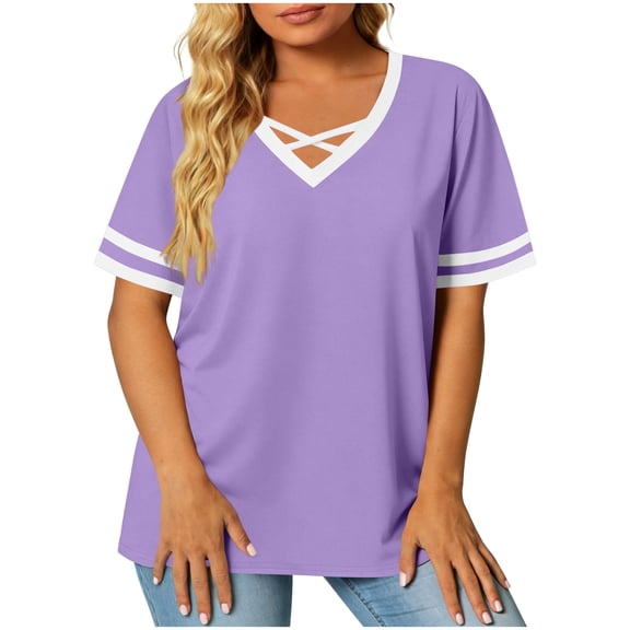 JIA JIA SHUANG Short Sleeve Tops for Women Summer Color Block Casual Tee V-Neck Criss Cross Loose Fit T-Shirts