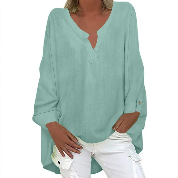 JIA JIA SHUANG Womens Long Sleeve Tops V Neck Loose Fit Oversized T Shirts Comfortable Lounge Summer Tee Fashion Clothes Outfits