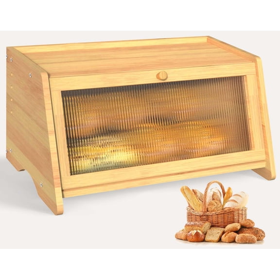 JIABEIUS Bread Box for Kitchen Countertop Organizer, Bamboo Single Layer Breadbox with Lid, Farmhouse Storage Bin with Window for Homemade Bread (Wood)