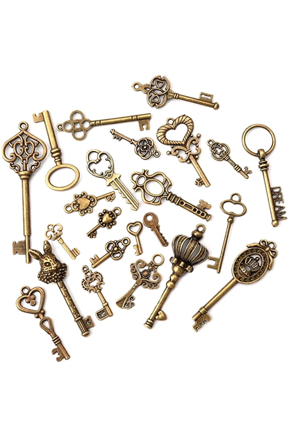 Bronze Metal Alloy Skeleton Keys 45Pcs For DIY Crafts Pendants Heart Crown Hollow Shapes Medieval Style Party Gifts