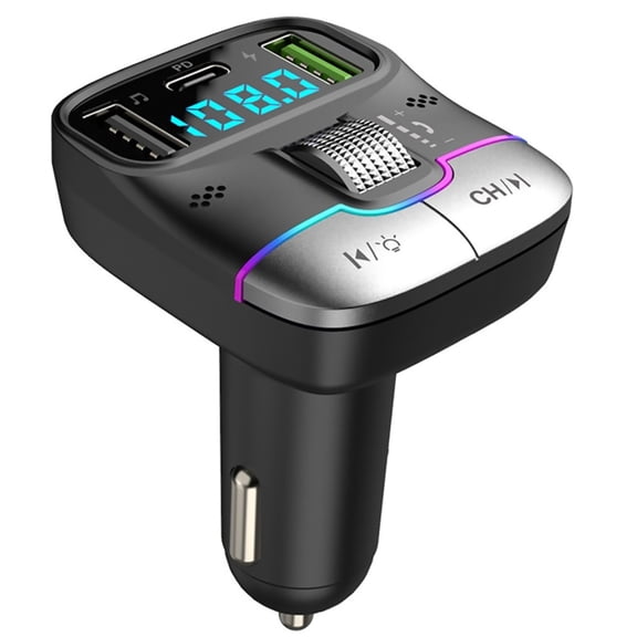 JIAHAOO Dual Microphone Car FM Transmitter Bluetooth 5.3 Adapter 2 USB Charging 7 Color LED Hands Free Calling Music