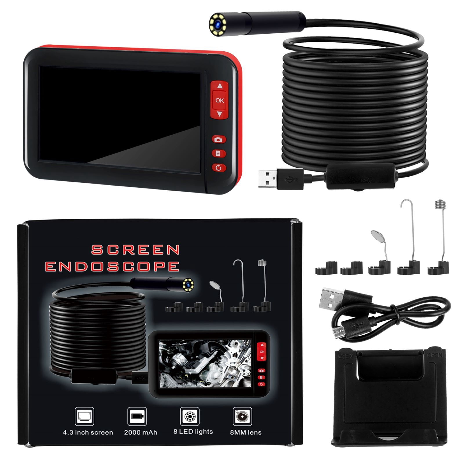 JIAHAOO Industrial Endoscope Camera 4.3 LCD 1080P 8mm 2 Meter Cable Waterproof LED for Borescope Inspection