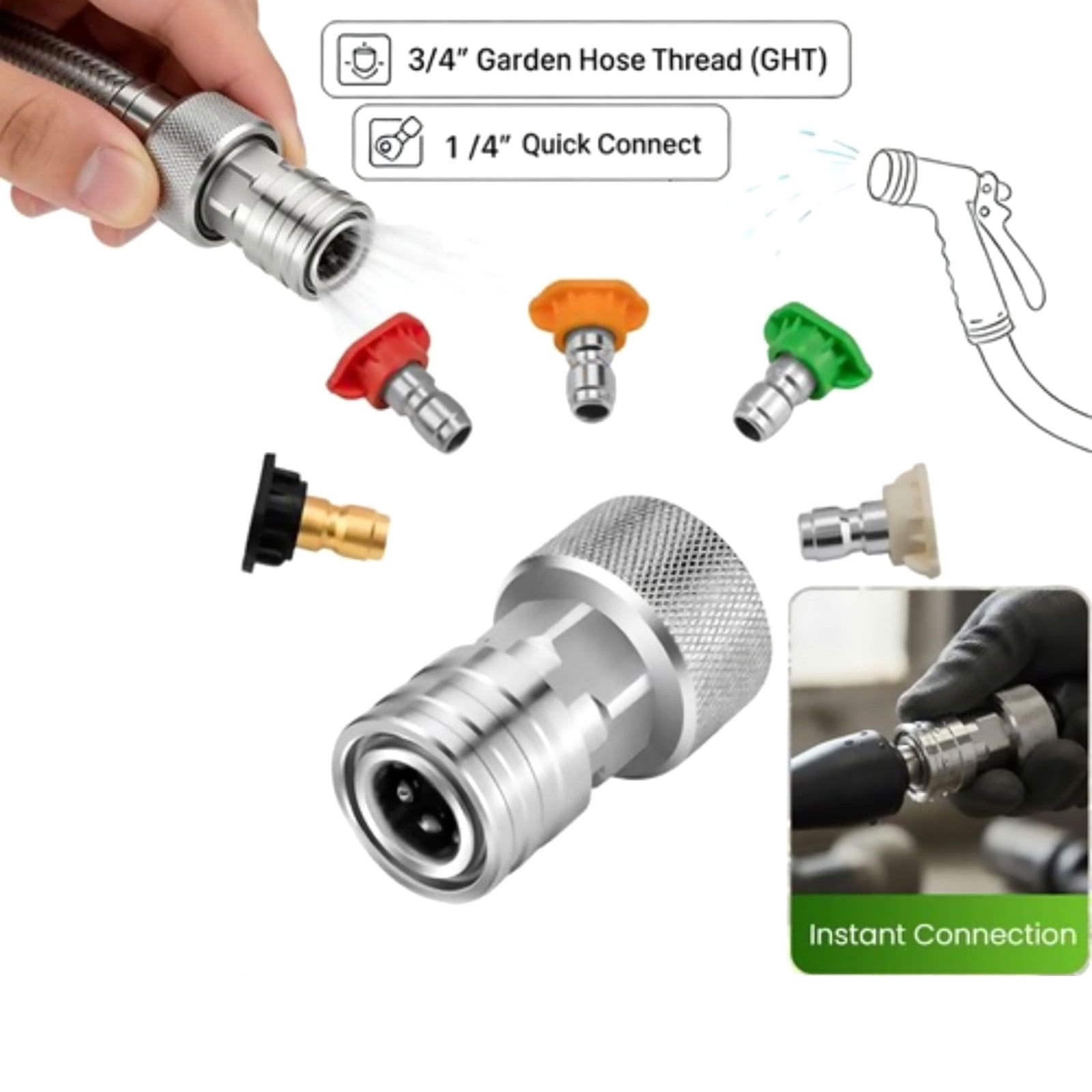 JIAHAOO Light Duty Cleaning Adapter Stainless Steel Quick Connect For Garden Hose Home Outdoor Stain Dirt Removal Tool