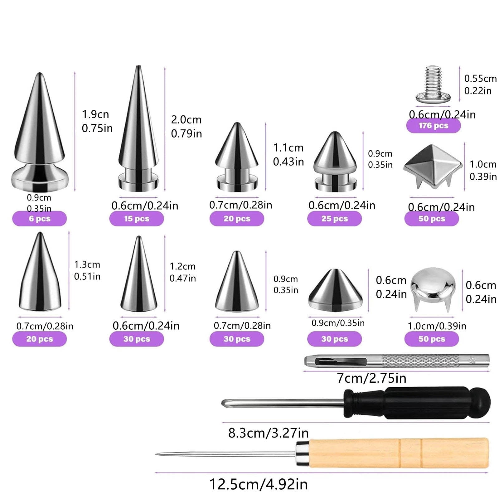 JIAHAOO Nickel Plated Metal Spike Studs Kit Multiple Shapes Sizes With Installation Tools For DIY Fashion Craft Leather Work