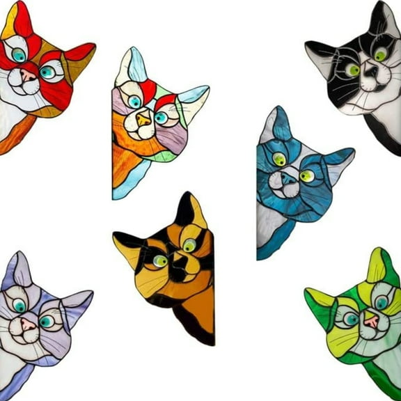 JIAHAOO PVC Stained Glass Cat Window Hanger - Create Whimsical Peek-a-Boo Effect for Living Space