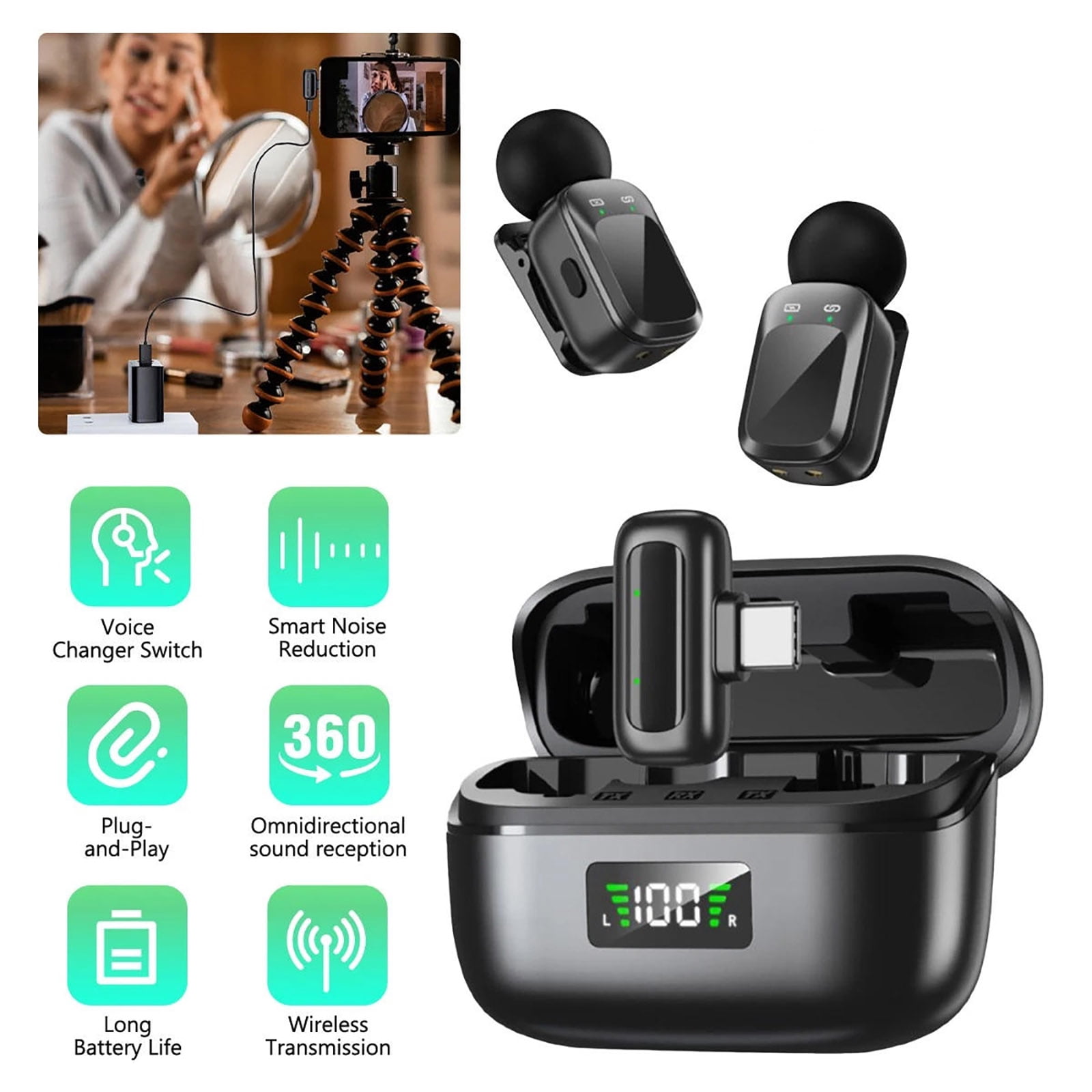 JIAHAOO Usb-C Wireless Lavalier Microphone With Sponge Deadcat Covers For Street Interview Live Broadcast Use