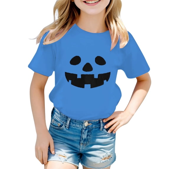 JIAHONG Ghostface Shirt Girls, Pumpkin Shirt Short Sleeve Pumpkin Face Crew Neck Tshirt for Kids for Kids Halloween Gift, Blue