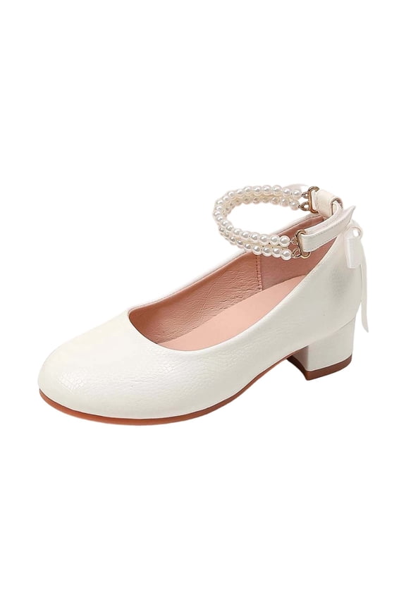 Girls Dress Shoes Low Heels Princess Mary Jane with Pearl and Bow Wedding Party Flower Girls (Toddler/Little/Big Kids)