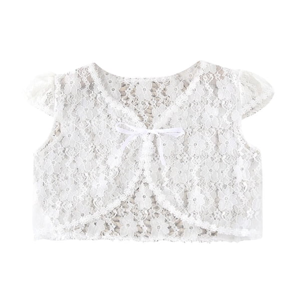 JIAHONG Girls Lace Flower Girl Bolero Shrugs Shawl Wrap Kids Spring Summer Party Dress Cover Up, White, 4-6 Years