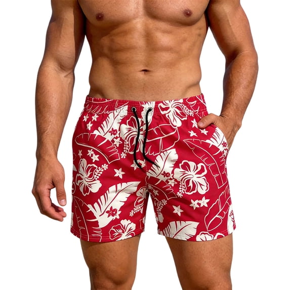 JIAHONG Hawaiian Men's Summer Beach Shorts Swim Trunks Sports Running Bathing Suits with Mesh Lining , Red