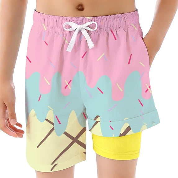 JIAHONG Ice Cream Shorts Boys Swim Trunks Summer Ice Cream Baseball Swim Shorts Quick Dry Bathing Suit with Compression Liner,Pink,2-3 Years