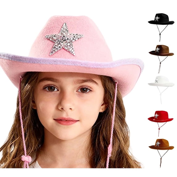 JIAHONG Kids Girls Boys Western Cowboy Hat Felt Cowboy Themed Party Hats with Glitter Silver Star, Brown