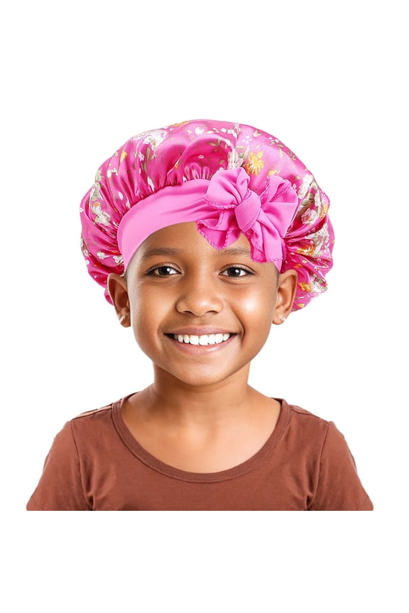 Kids Reversible Silk Satin Bonnet Wide Elastic Band Perfect for Curly Hair And Sleep, Beige