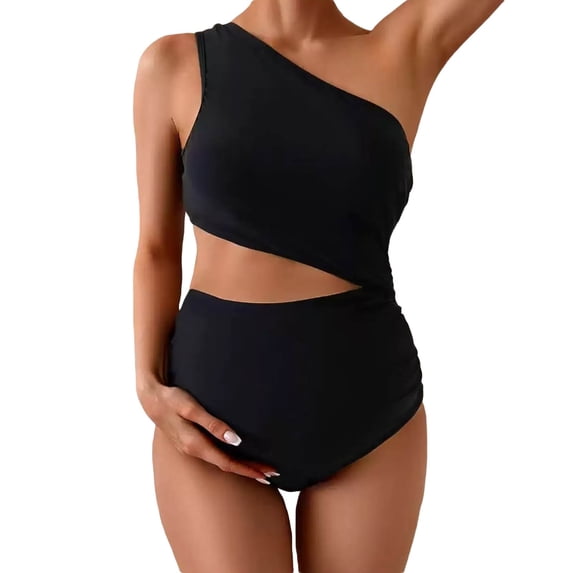 JIAHONG Maternity Swimsuit Cutout One Shoulder Bikini Set 2 Piece Bathing Suits with Adjustable Tie and High Waist Bottom, Black