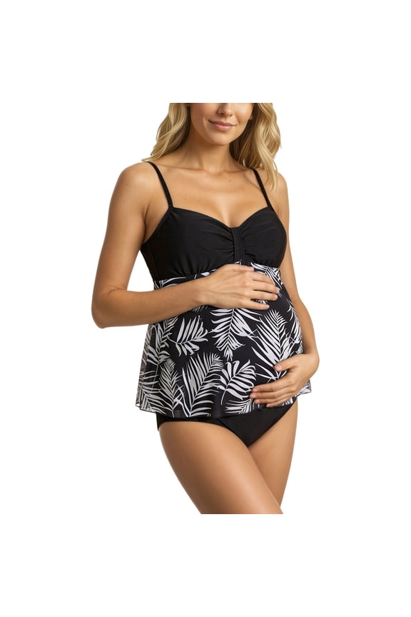 Maternity Tankini Set Cute Ruffle Hem Pregnancy Swimsuit Adjustable Straps Two Piece Maternity Bathing Suits Swimwear, Black