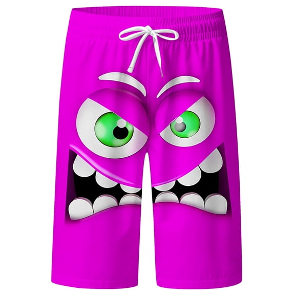 JIAHONG Mens Swim Trunks Funny Face Print Swim Trunks, Quick Dry 3D Cartoon Beach Board Shorts with Drawstring, Hot Pink