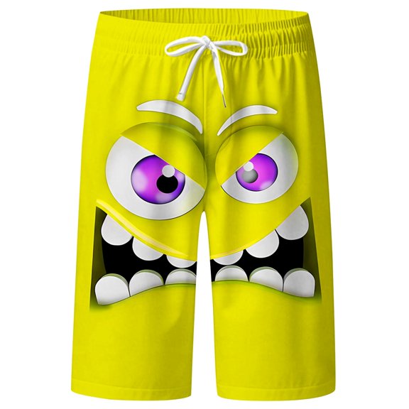 JIAHONG Mens Swim Trunks Funny Face Print Swim Trunks, Quick Dry 3D Cartoon Beach Board Shorts with Drawstring, Yellow