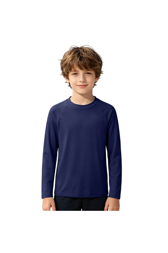 Rash Guard for Boys Long Sleeve Swim Shirt Summer Beach Sun Rash Guard For Kids Solid Color Round Neck Top for Beach Surf, Navy, 13-14 Years