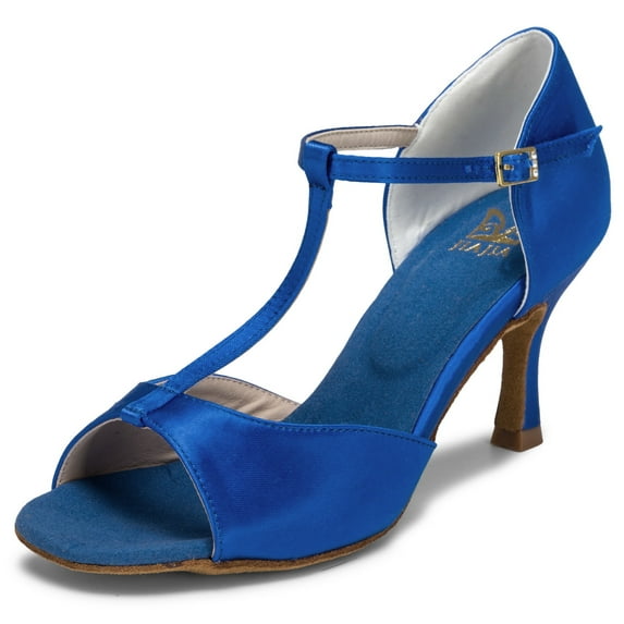 JIAJIA 20511 Women's Satin Sandals 2.95" Flared Heel Latin Salsa Performance Dance Shoes Color Blue,Size 9.5 B(M) US/41 EU