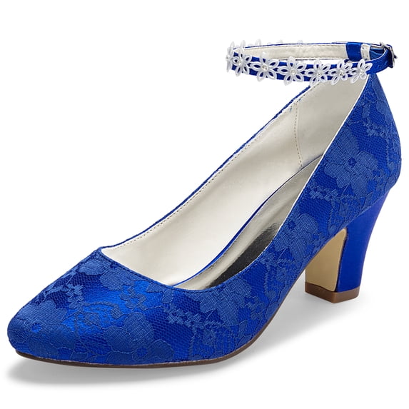 JIAJIA 62311A Women's Bridal Shoes Closed Toe 2.76" Chunky Heel Lace Satin Pumps Satin Flower Wedding Shoes Color Blue,Size 6.5 B(M) US/37 EU