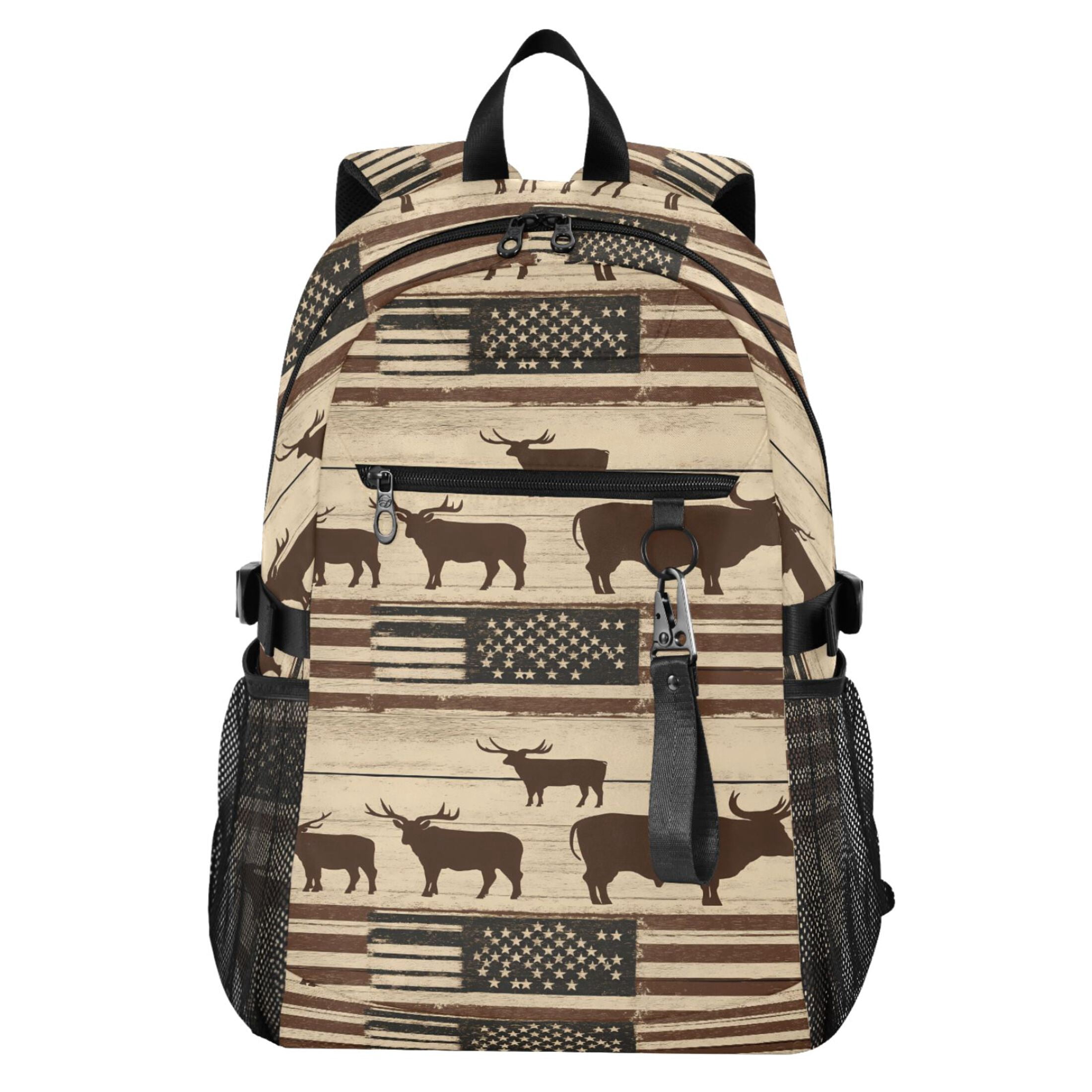 JIALIOU 14" Laptop Backpack Waterproof Airline Approved Stylish Casual Daypack for Travel Business College Work, American Flag and Cow