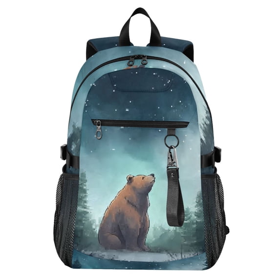 JIALIOU 14" Laptop Backpack Waterproof Airline Approved Stylish Casual Daypack for Travel Business College Work, Bear in Forest Night Sky Stars