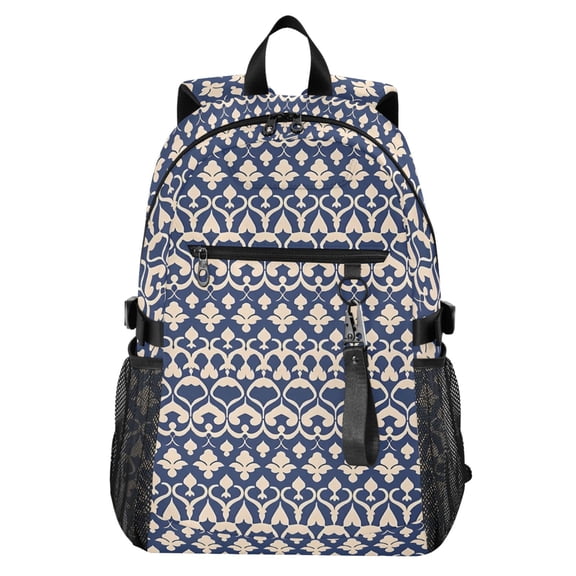 JIALIOU 14" Laptop Backpack Waterproof Airline Approved Stylish Casual Daypack for Travel Business College Work, Blue Beige Vintage Damask